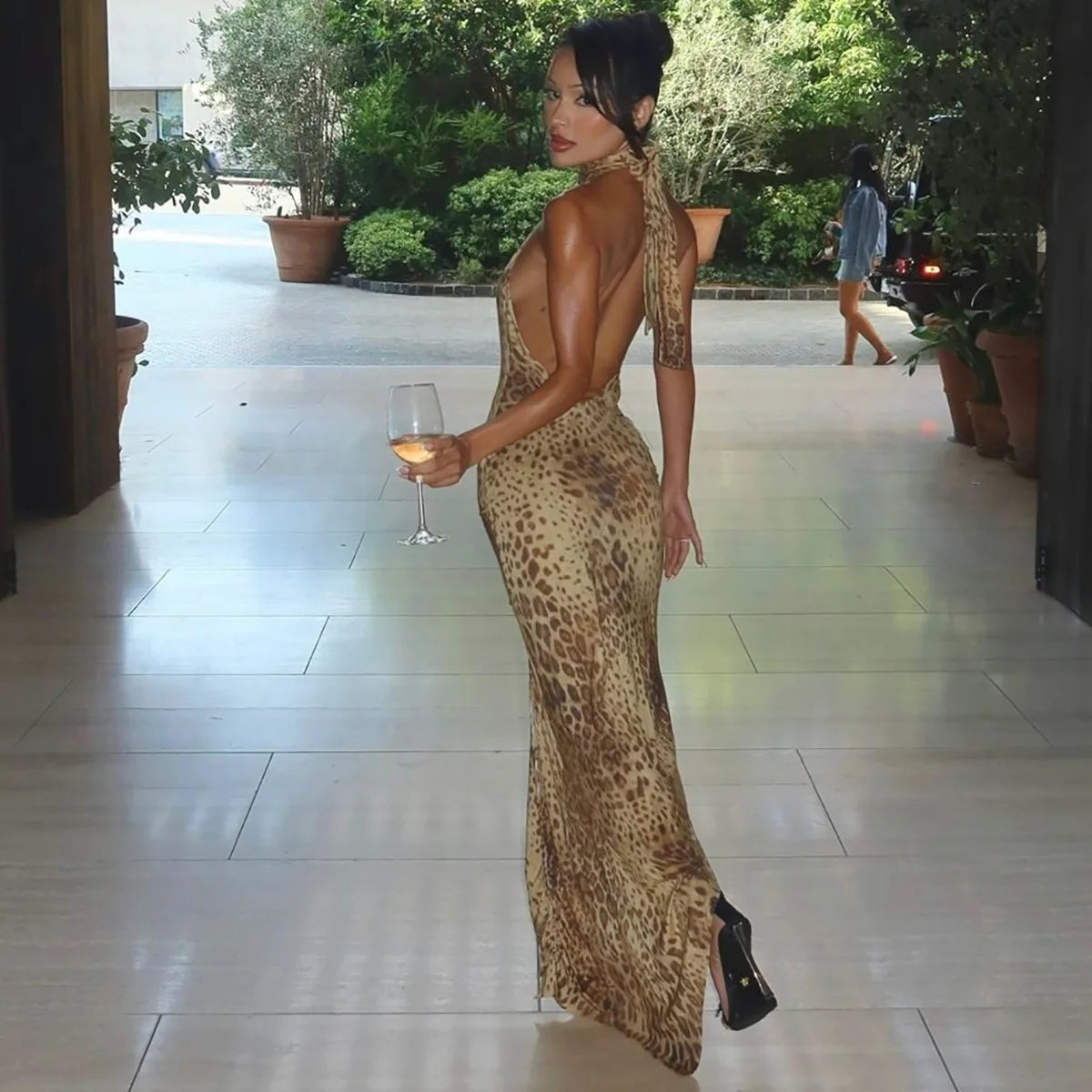"Blackout" Women's Embellished Backless Leopard Print Maxi Dress