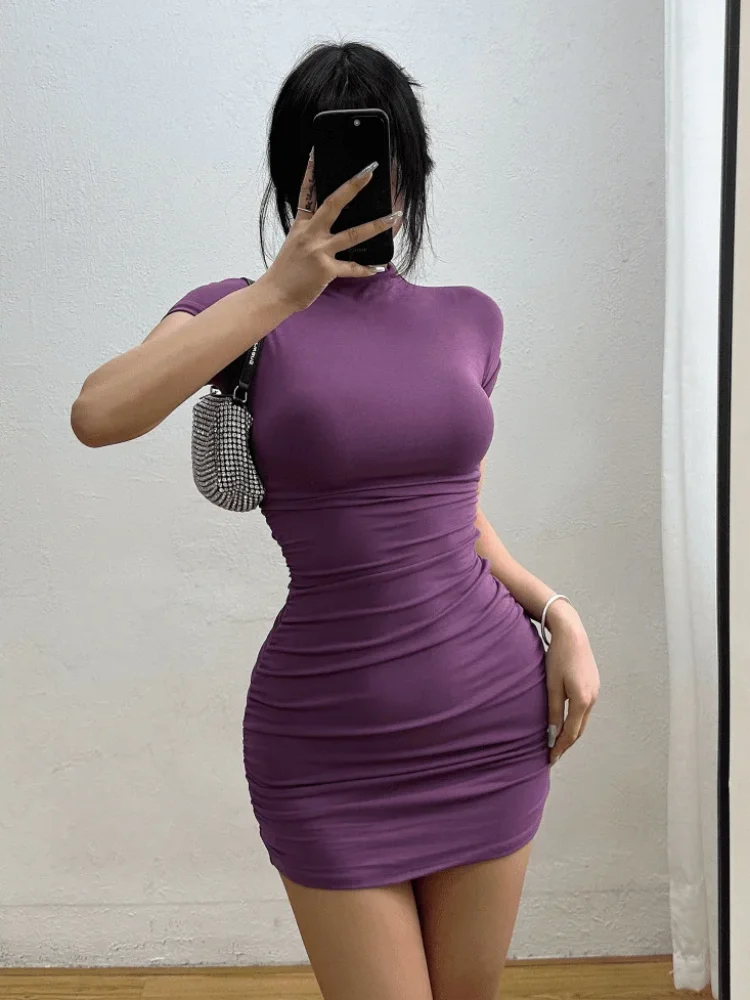 "Stella" Women's High Collar Short Sleeve Pleated Bodycon Mini Dress