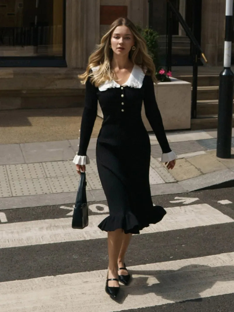 ”Elizabeth” Vintage Knitted High Waist Ruffled Maxi Dress