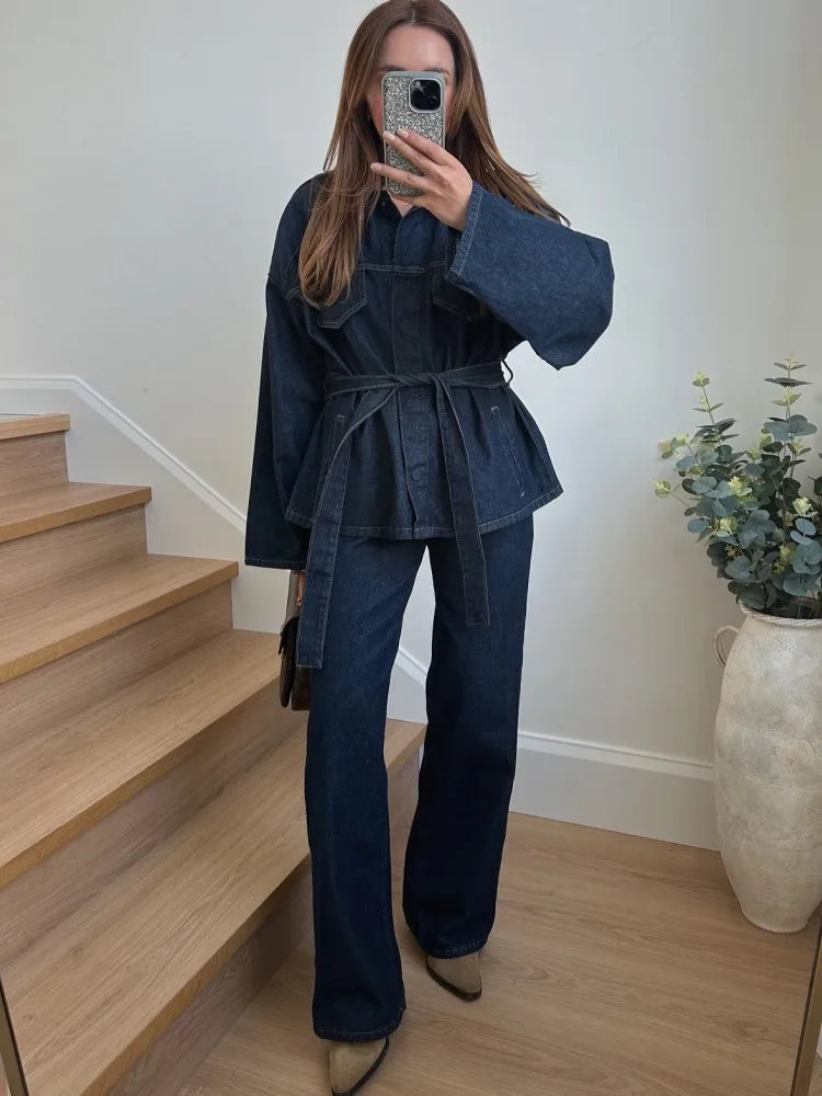 "Bel Air" Women's Cinched Lace Up Wide Leg Denim Pants Set