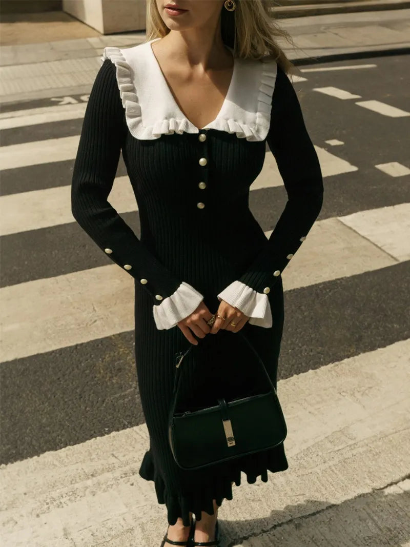 ”Elizabeth” Vintage Knitted High Waist Ruffled Maxi Dress