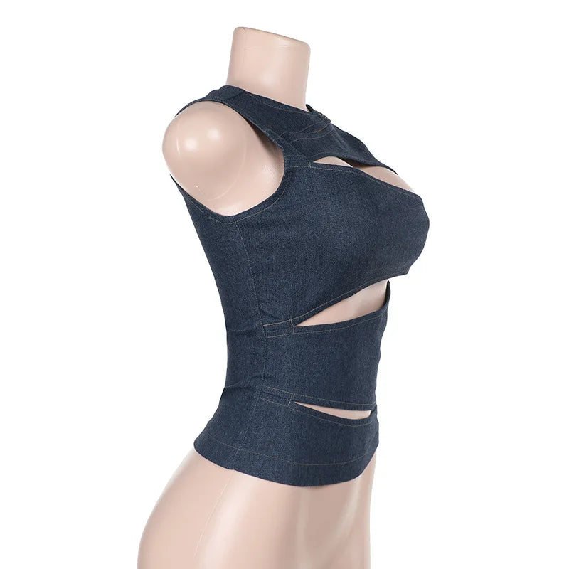 "Valley" Women's Sleeveless Round Neck Denim Vest