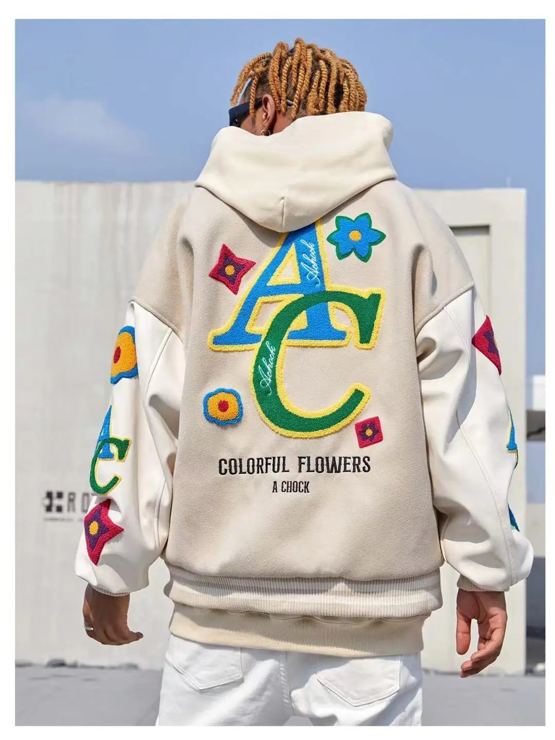 “Colorful Flowers” Men’s American Flower Embroidered Urban Bomber Jacket