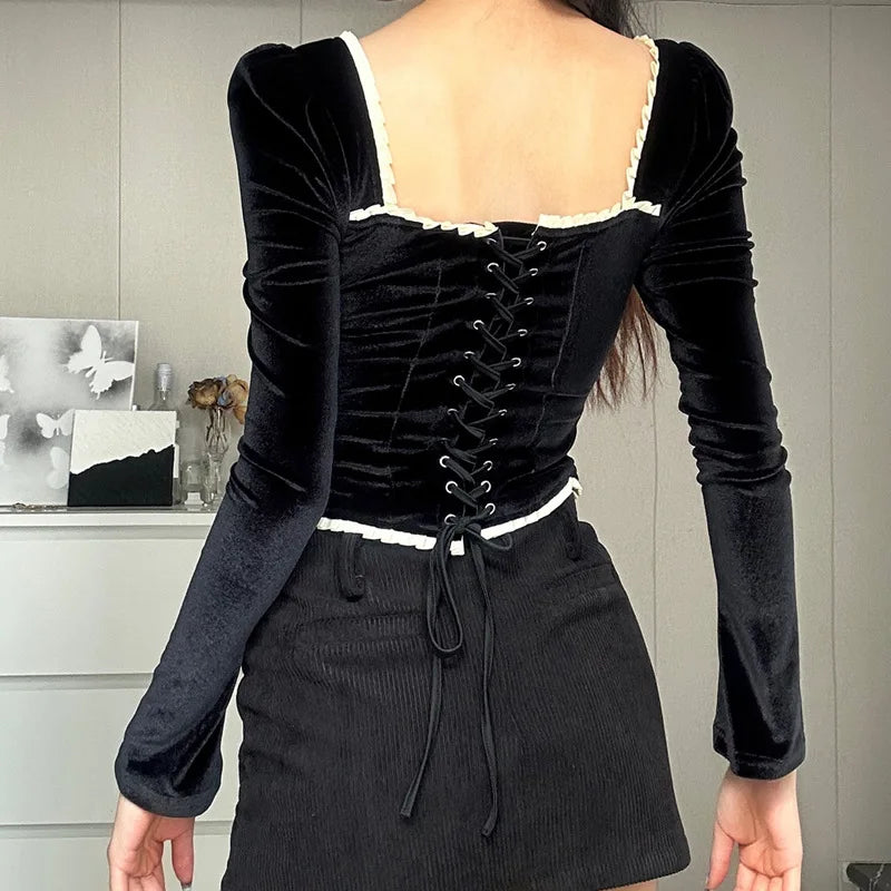 "Madeline" Women's Vintage Black Velvet Long Sleeve Blouse