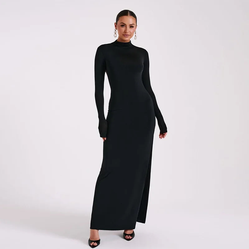 "Mystiq" Elegant Black Backless High Slit Maxi Dress