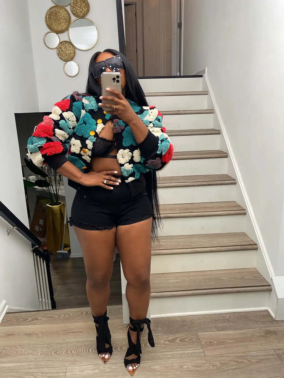 “Sauced Up” Elegant Front Floral Print Long Sleeve Jacket