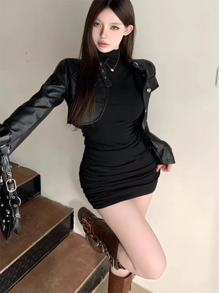 "Stella" Women's High Collar Short Sleeve Pleated Bodycon Mini Dress