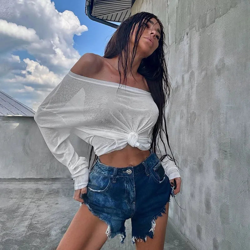 "Como" Women's See Though Off-Shoulder Long Sleeve Crop Top