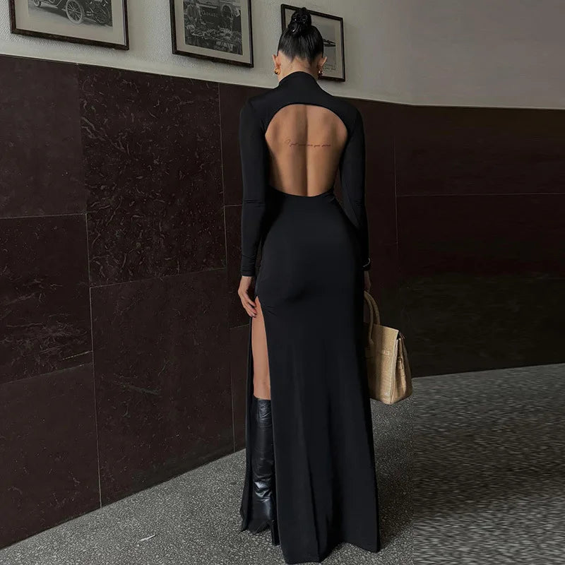 "Mystiq" Elegant Black Backless High Slit Maxi Dress