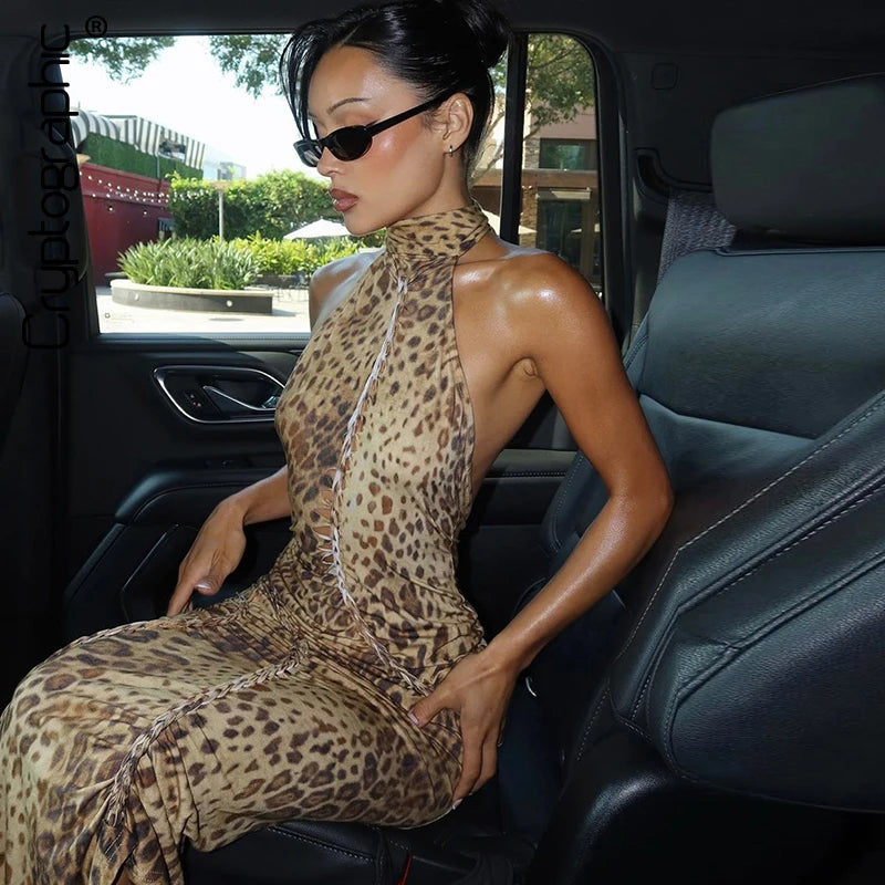 "Blackout" Women's Embellished Backless Leopard Print Maxi Dress