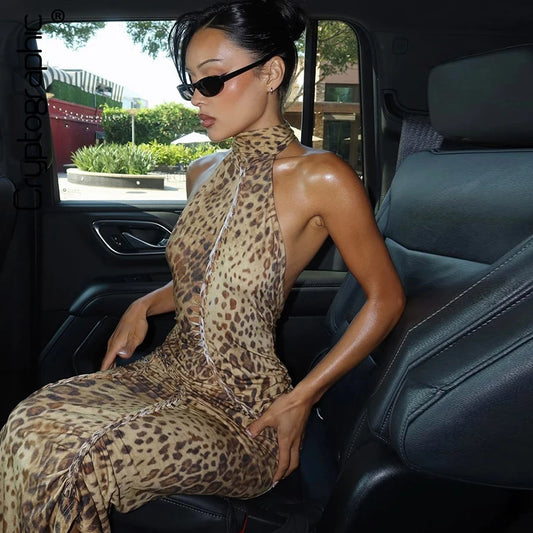 "Blackout" Women's Embellished Backless Leopard Print Maxi Dress