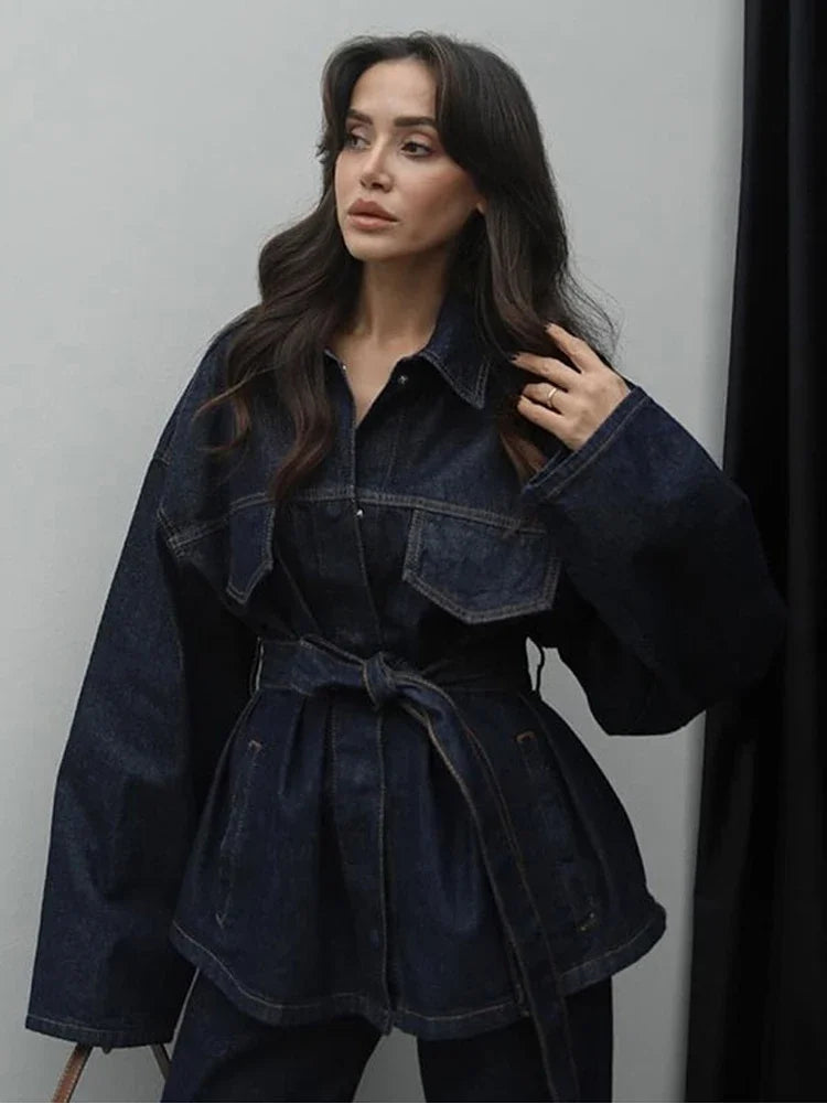 "Bel Air" Women's Cinched Lace Up Wide Leg Denim Pants Set