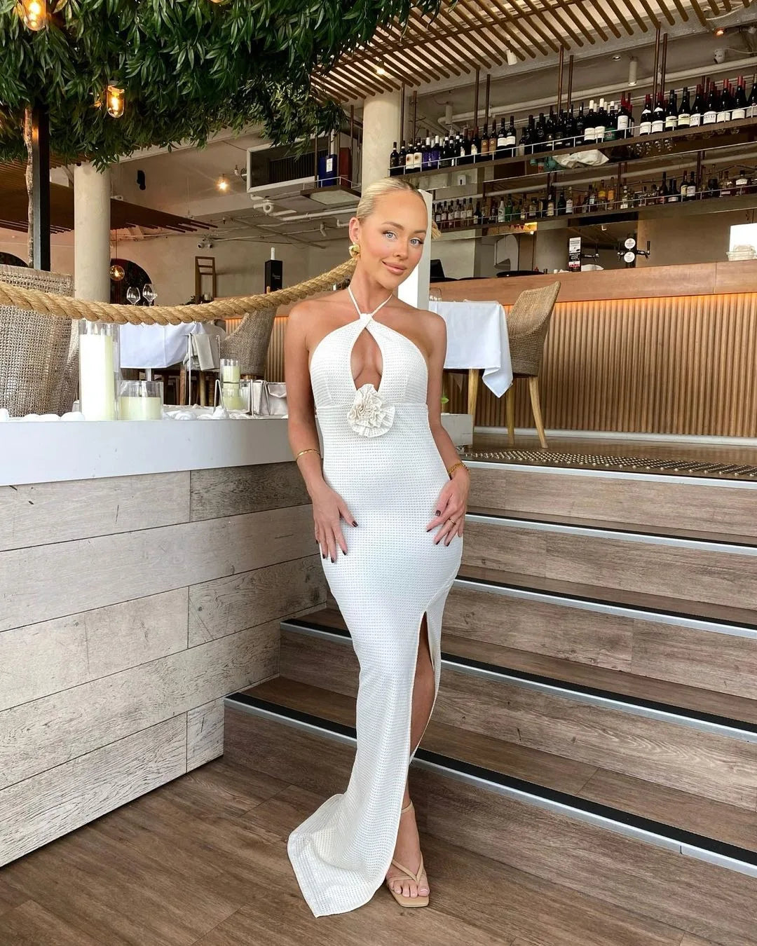 "Barbados" Women's Sexy Backless Knitted Halter Maxi Dress