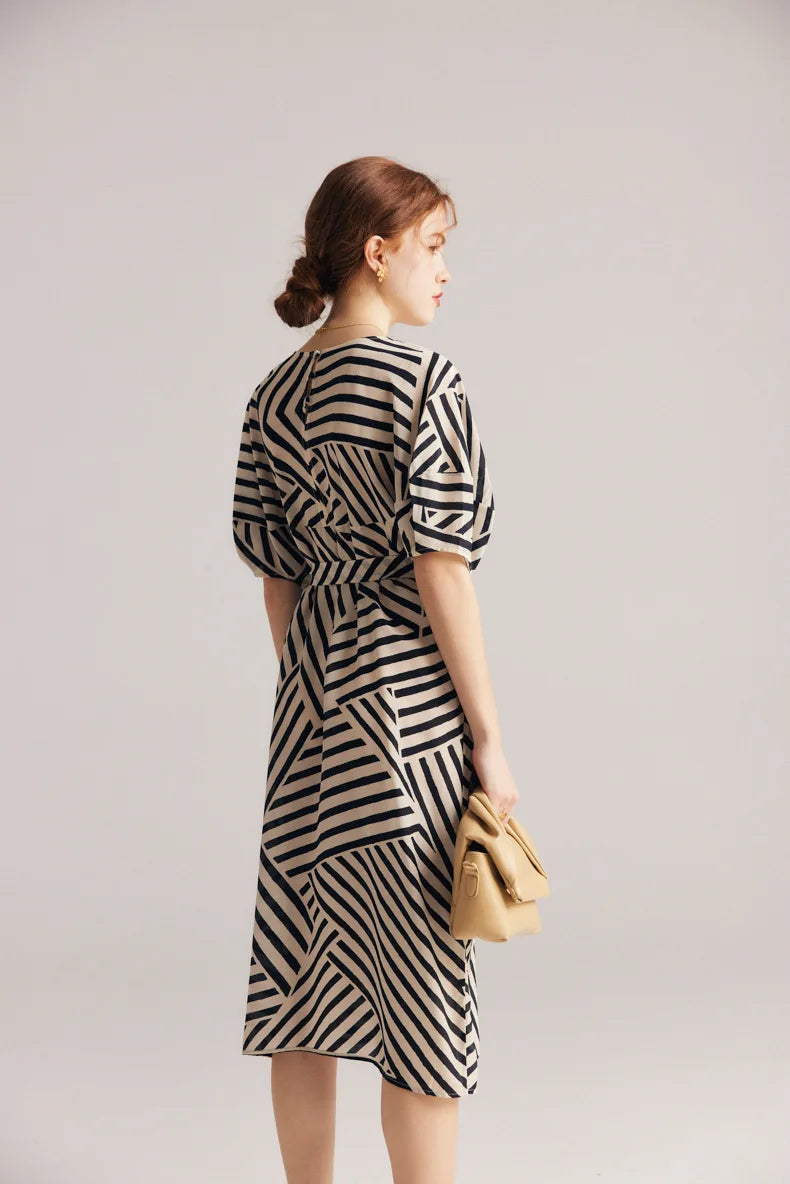 "Lady Jaye" Women's Mulberry Silk Bat Sleeve Striped Dress