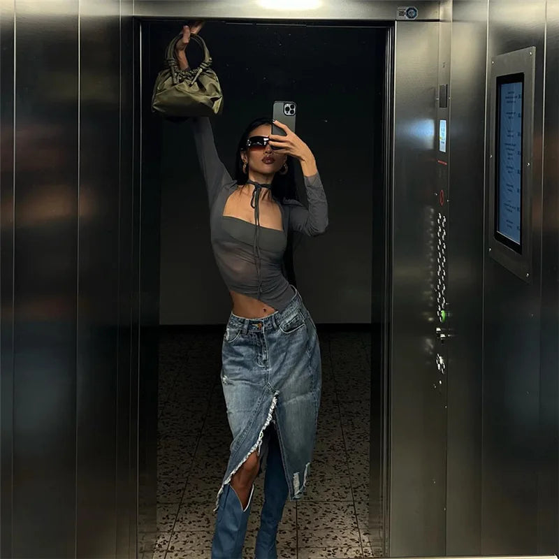 "Steel" Women's See-Through Mesh Y2K Style Crop Top