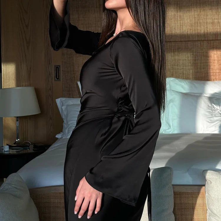 "Opera" Black Satin Bandage Maxi Dress