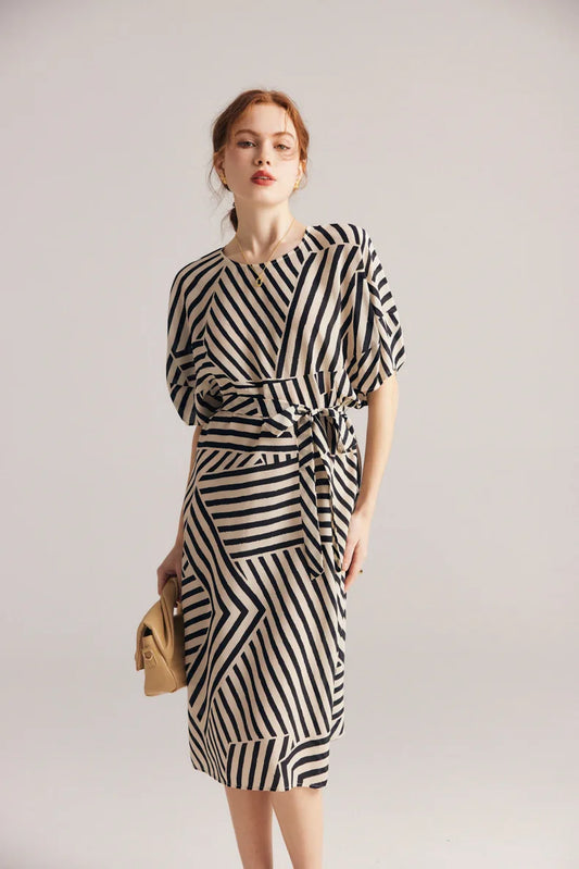 "Lady Jaye" Women's Mulberry Silk Bat Sleeve Striped Dress