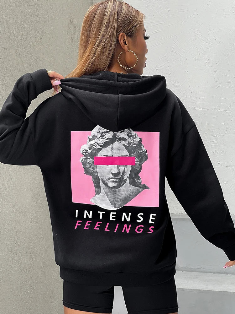 “Intense Feeling” Women’s Casual Graphic Print Black Hoodie