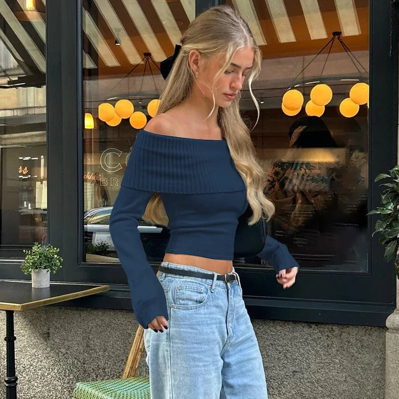 "Callista" Women's Ribbed Off Shoulder Long Sleeve Crop Top