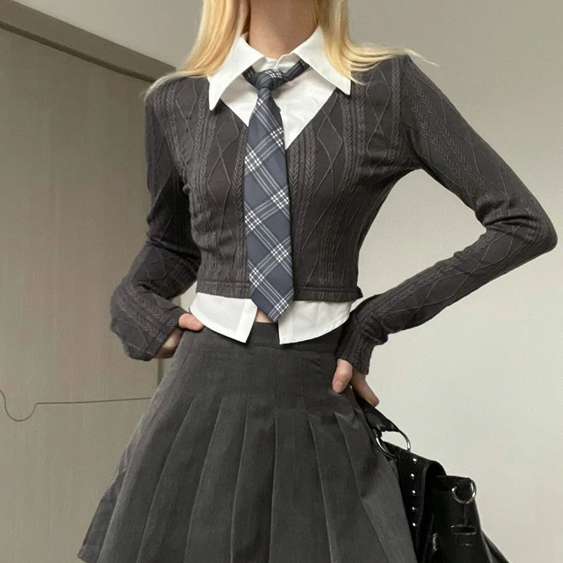 ”New School” Women’s Y2K Style Fake Two Piece Top With Tie