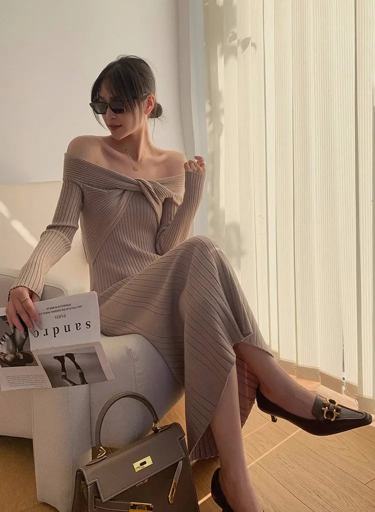 “Cashmere” Temperament Knitted Off Shoulder Designer Dress