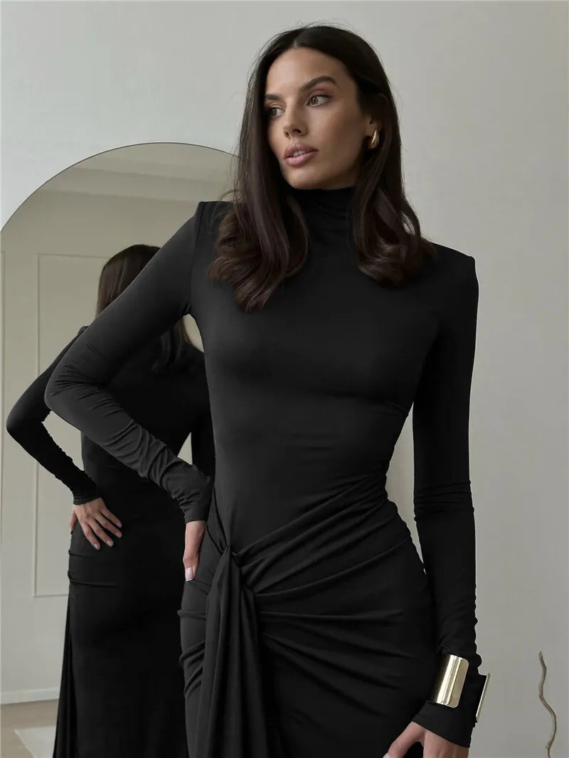 "Madison" Women's Draped Turtleneck Thigh High Split Long Sleeve Bodycon Maxi Dress
