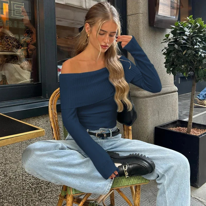 "Callista" Women's Ribbed Off Shoulder Long Sleeve Crop Top