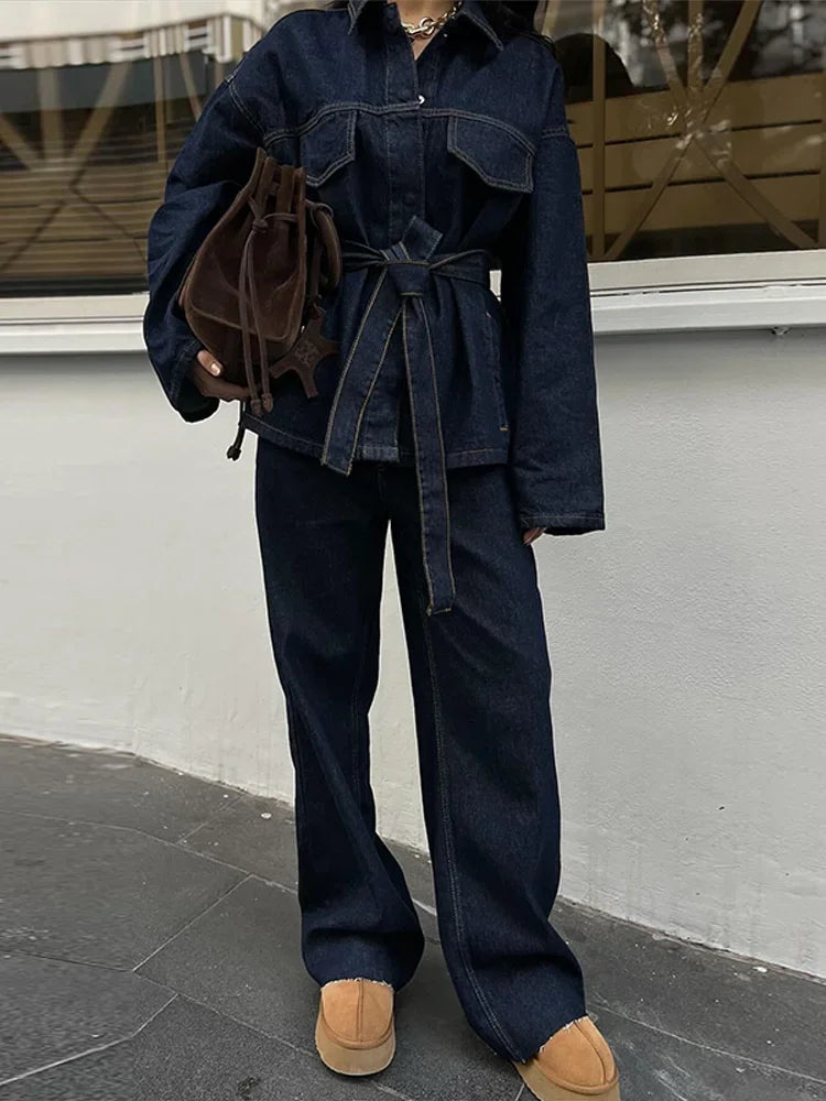 "Bel Air" Women's Cinched Lace Up Wide Leg Denim Pants Set
