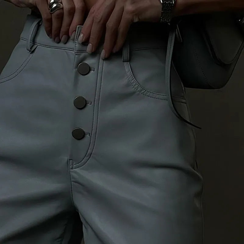 “Miley” High Waist Straight Leg Button Up Leather Pants
