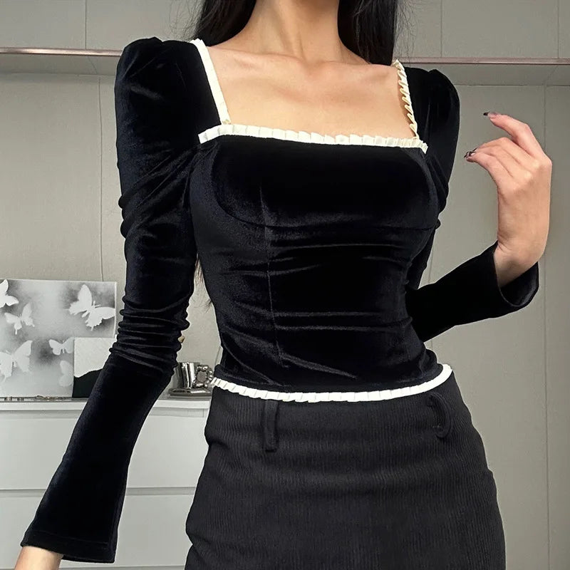 "Madeline" Women's Vintage Black Velvet Long Sleeve Blouse