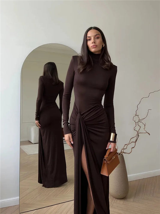 "Madison" Women's Draped Turtleneck Thigh High Split Long Sleeve Bodycon Maxi Dress