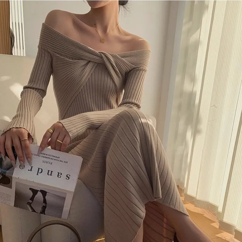 “Cashmere” Temperament Knitted Off Shoulder Designer Dress