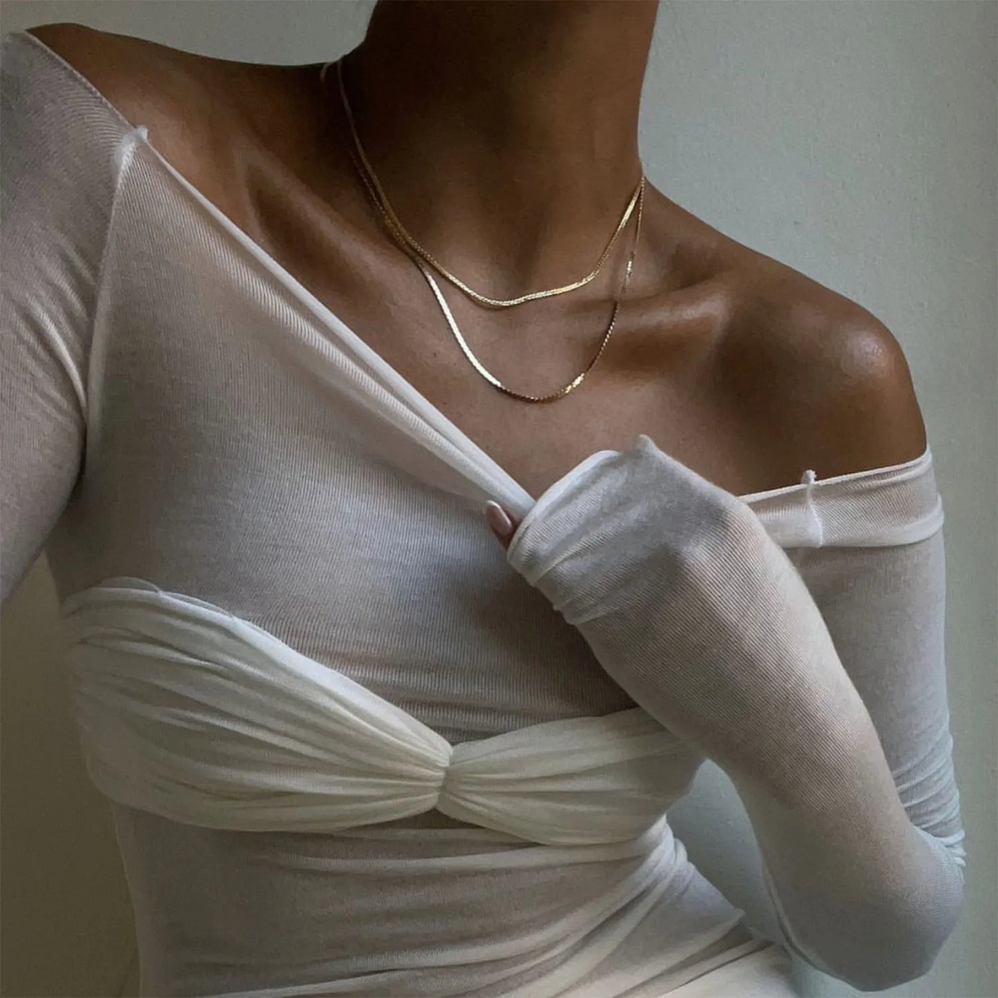 "Delta" Women's Mesh Off-Shoulder Long Sleeve Top