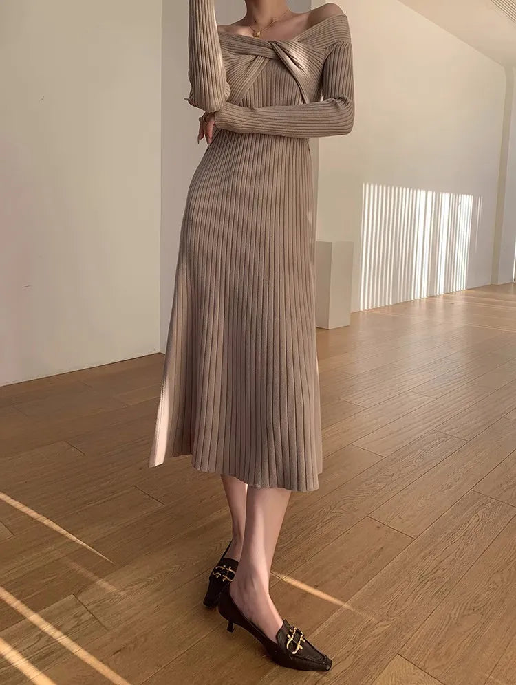 “Cashmere” Temperament Knitted Off Shoulder Designer Dress