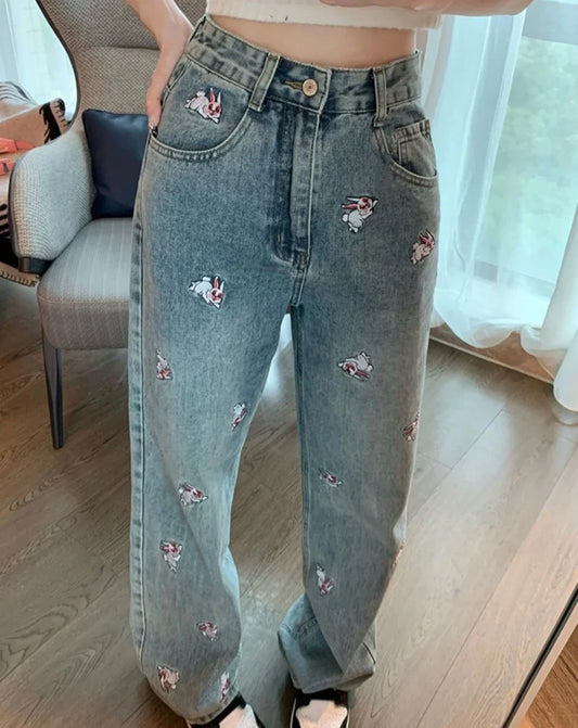 "Jinka" Women's Embroidered High Waist Straight Leg Jeans
