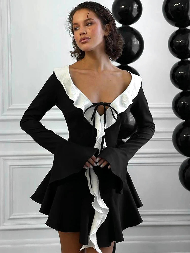 "Paris" Women's Backless Flare Sleeve V-Neck Lace-Up Bodycon Mini Dress