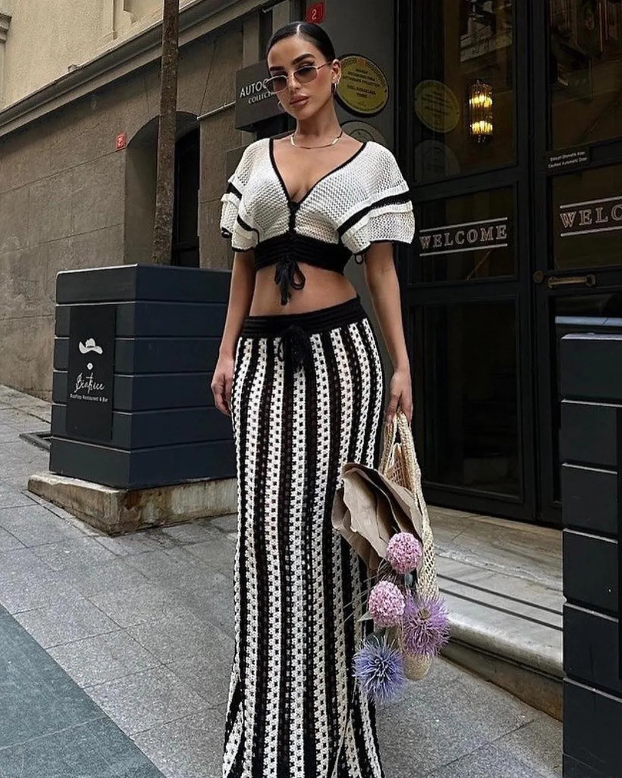 "Jolie" Knitted Striped 2 Piece Cropped Outfit Set