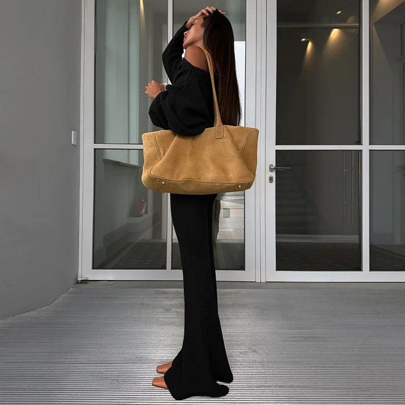 "Cashmere" Women's Casual Elegant Asymmetrical Top & Flare Pants 2 Piece Matching Lounge Set
