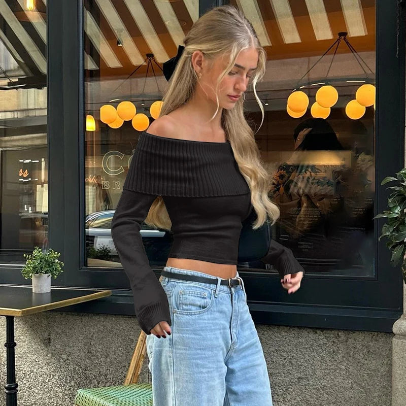 "Callista" Women's Ribbed Off Shoulder Long Sleeve Crop Top