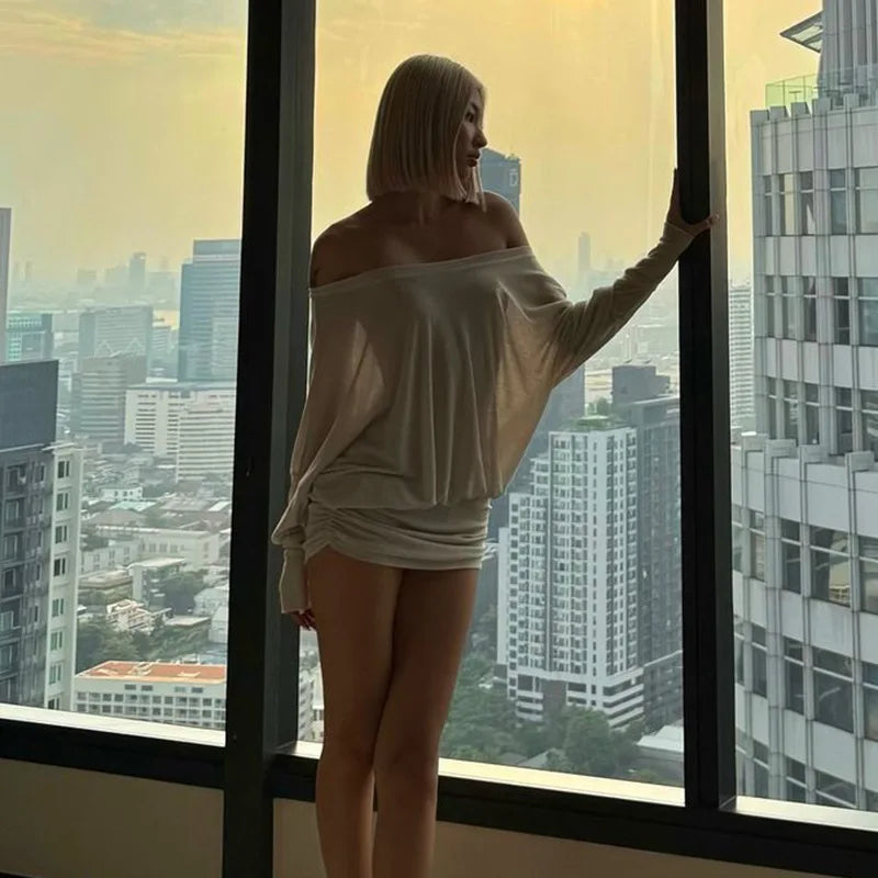 "Sunsets" Women's Off Shoulder See-Through Bodycon Mini Dress