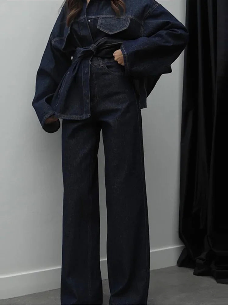 "Bel Air" Women's Cinched Lace Up Wide Leg Denim Pants Set