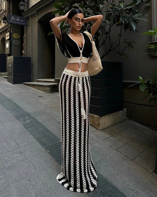 "Jolie" Knitted Striped 2 Piece Cropped Outfit Set
