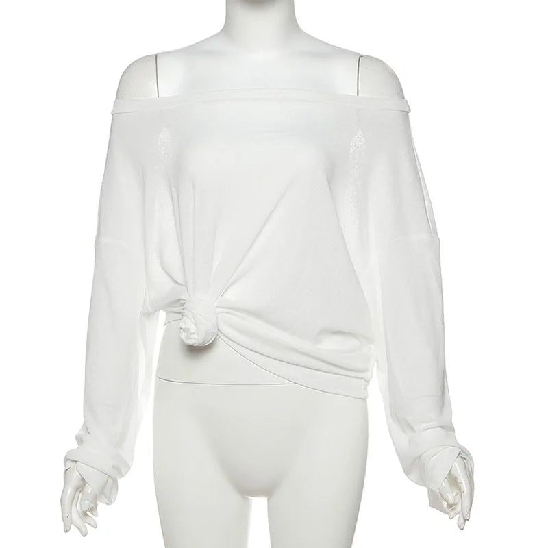 "Como" Women's See Though Off-Shoulder Long Sleeve Crop Top