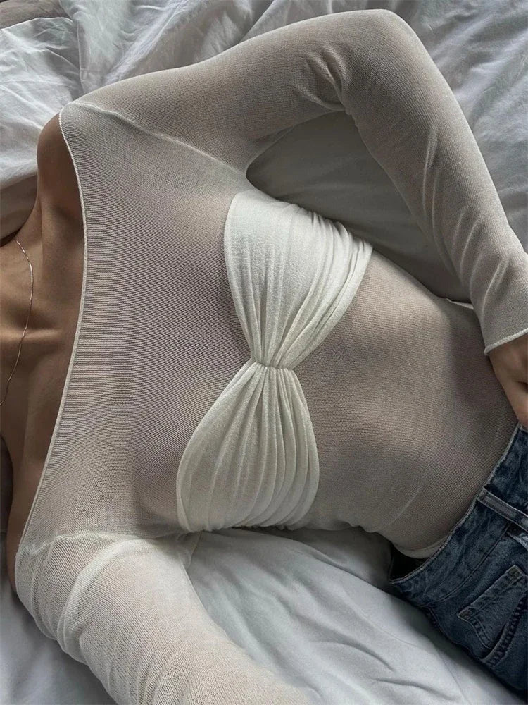 "Delta" Women's Mesh Off-Shoulder Long Sleeve Top