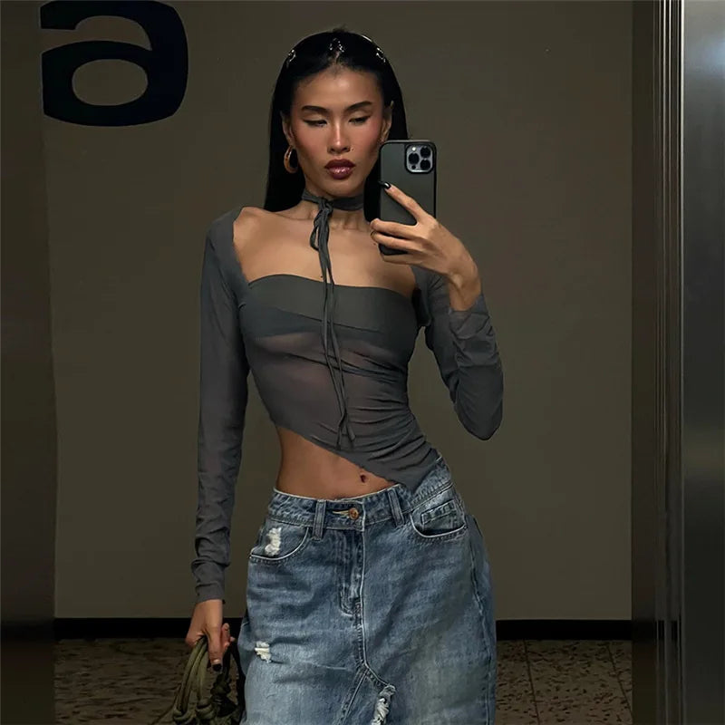 "Steel" Women's See-Through Mesh Y2K Style Crop Top