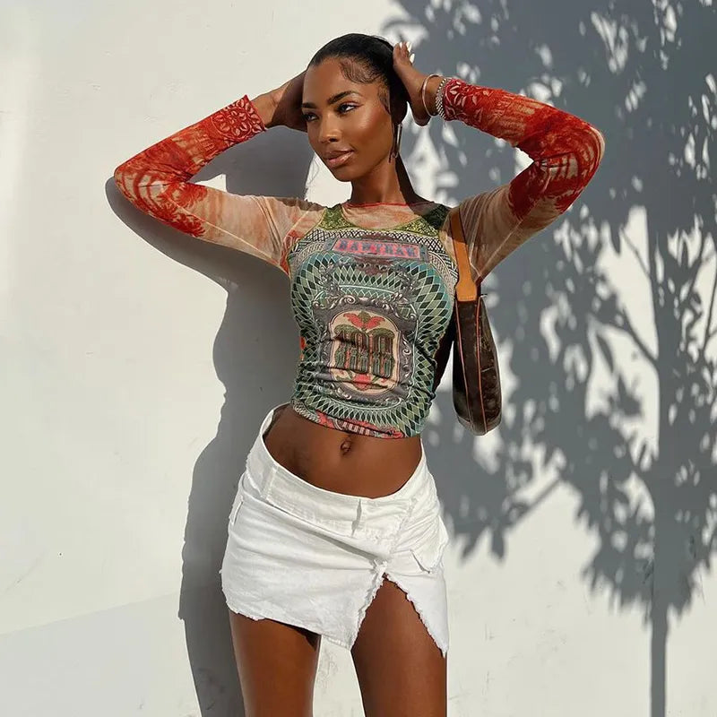“She Just Wanna Rock” Mesh Graphic Print See Through T-Shirt