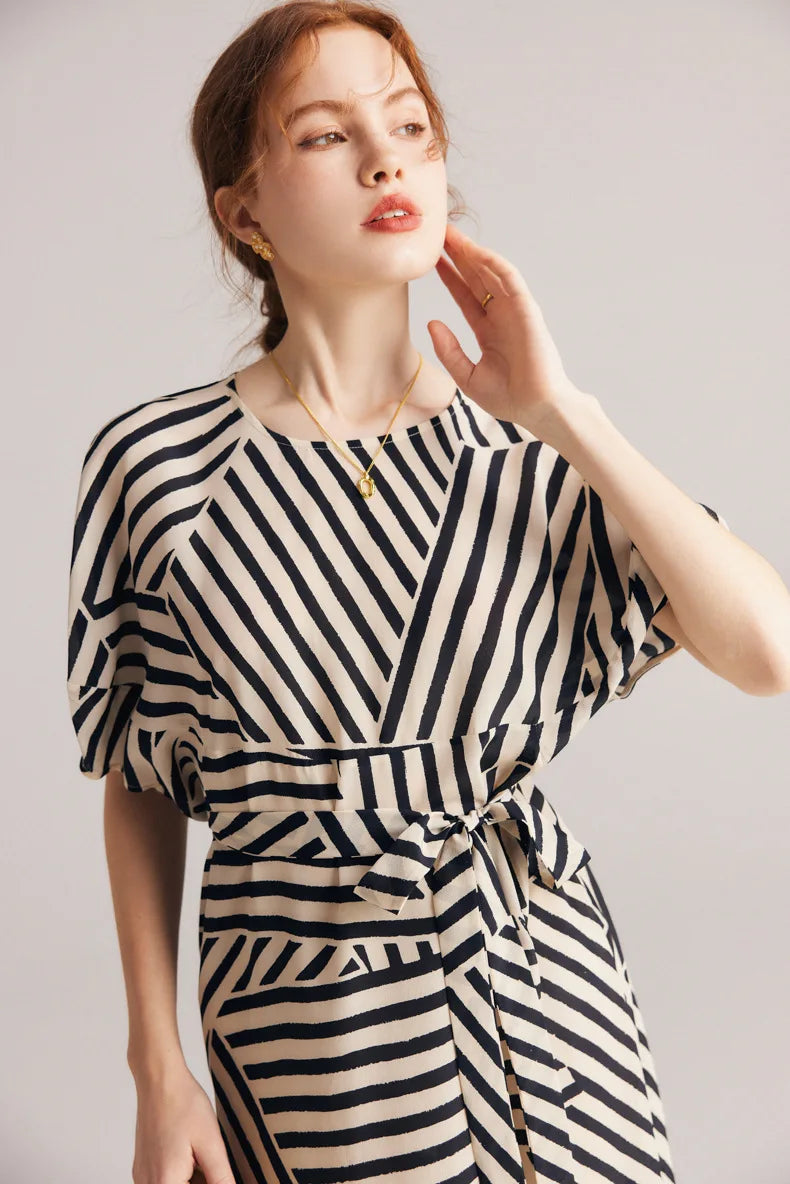 "Lady Jaye" Women's Mulberry Silk Bat Sleeve Striped Dress