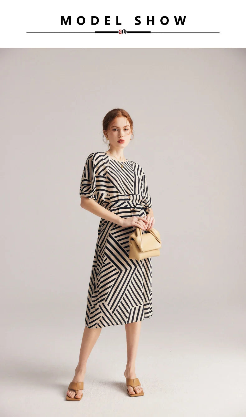 "Lady Jaye" Women's Mulberry Silk Bat Sleeve Striped Dress