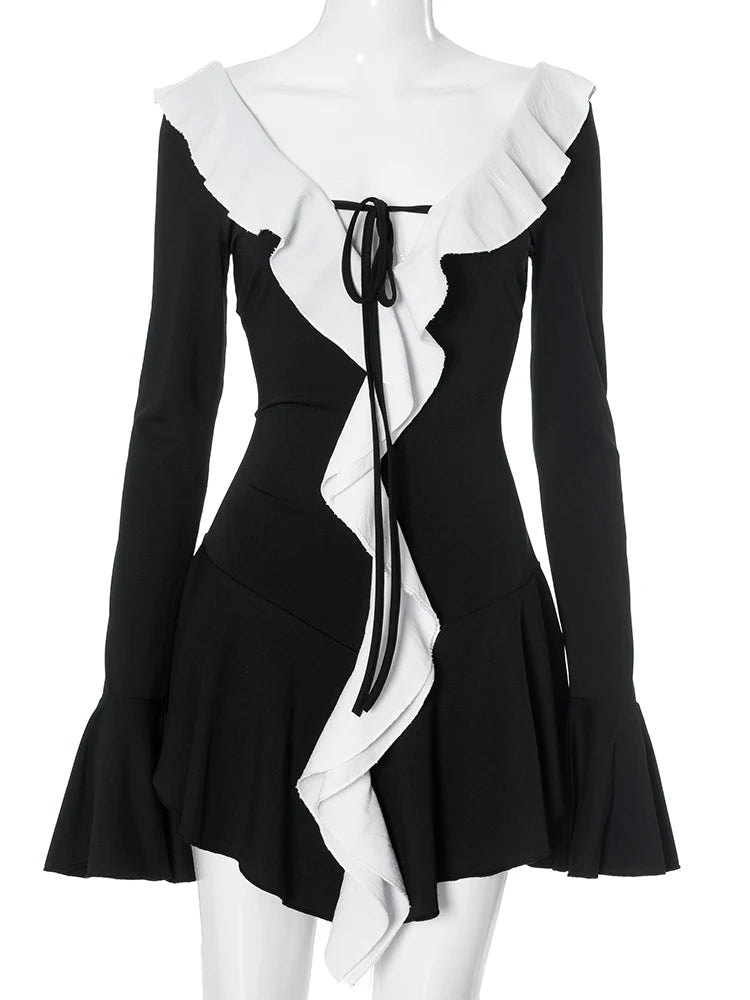 "Paris" Women's Backless Flare Sleeve V-Neck Lace-Up Bodycon Mini Dress