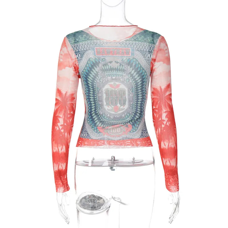 “She Just Wanna Rock” Mesh Graphic Print See Through T-Shirt